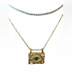 Waterproof Gold Necklace stack with Green Eye Pendant and Diamond necklace.